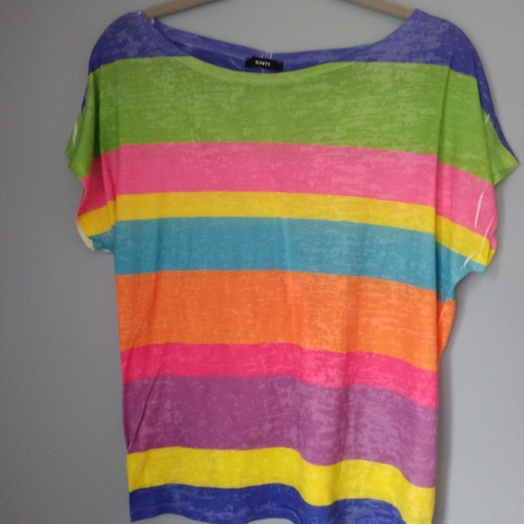 Multicolor Rainbow Short Sleeve Loose Wide Neck T-Shirt - Picture 1 of 6